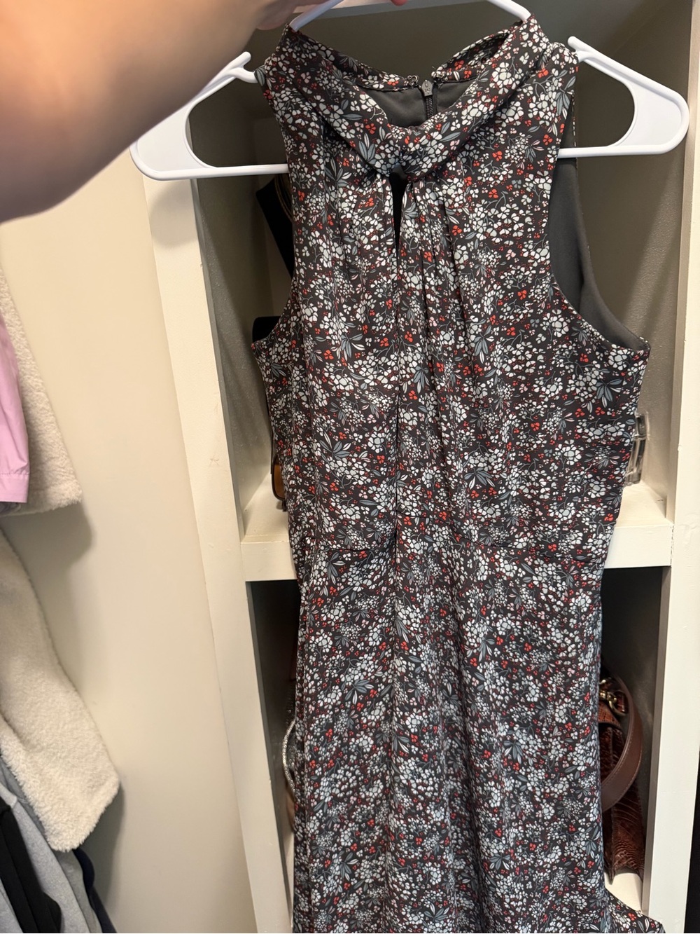Sleeveless Floral Tie-Neck Dress in Dark Gray with Red and Blue Accents